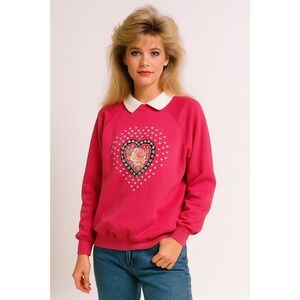 Santee Sweats Sweatshirt Vintage L Pink Heart‎ Embroidery Collared Grandmacore